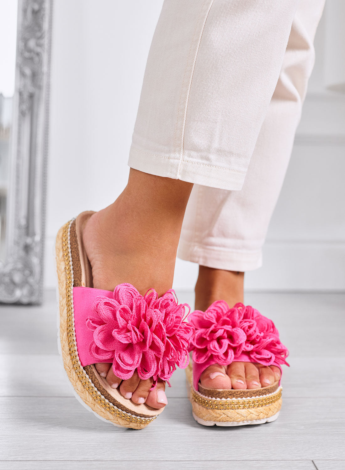 ELEONORA - Sandali Ciabatte fucsia con maxi fiore e suola platform in corda
