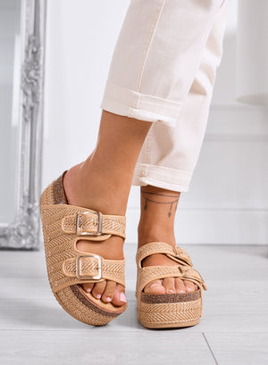 ZETA - Wedge sandals in mud color with braided rope platform and double buckle