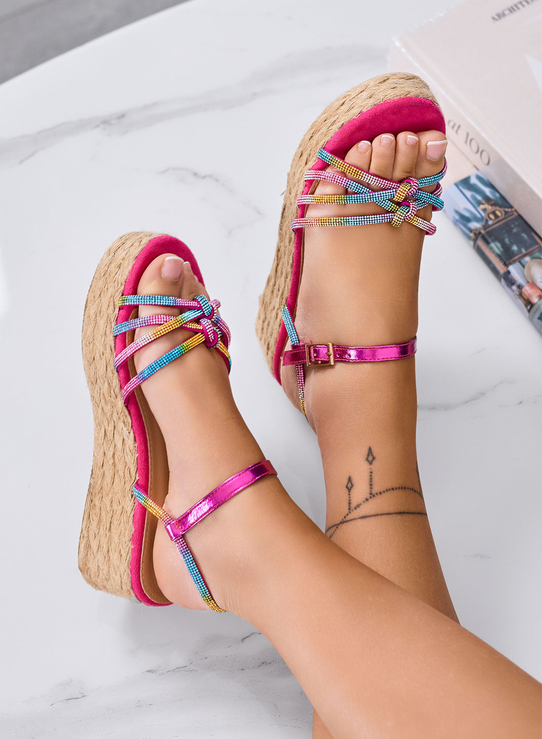 DULCE - Sandali espadrillas fuxia con fasce gioiello