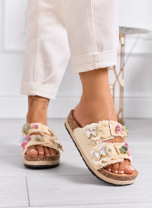 ALIBY - Beige sandals Slippers with colorful flowers and jewel details on cork sole