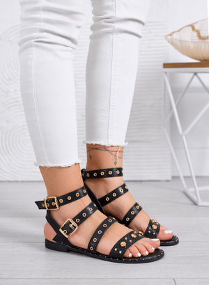 LILY - Low black sandals with snakeskin effect, studs, and buckles
