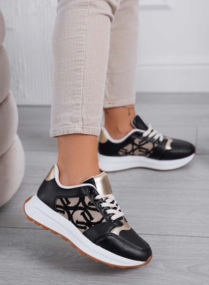 HARRIS - Women's black sneakers with elegant pattern and gold details