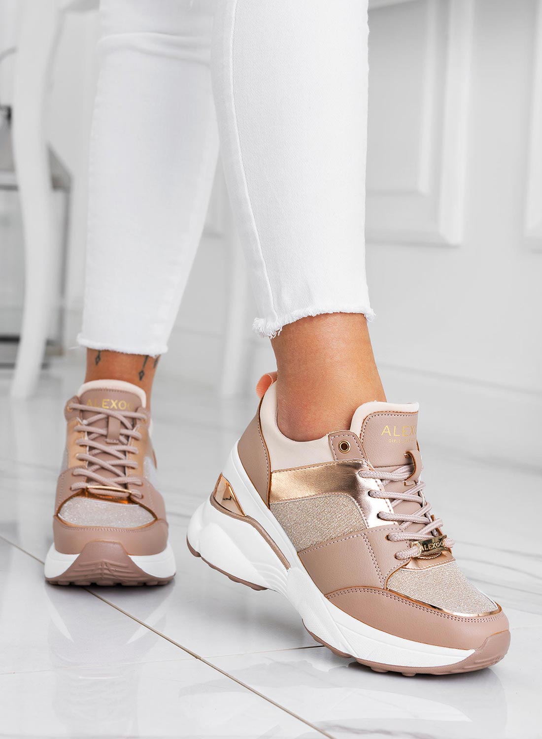 FREYA - Rose gold Alexoo sneakers with glitter inserts