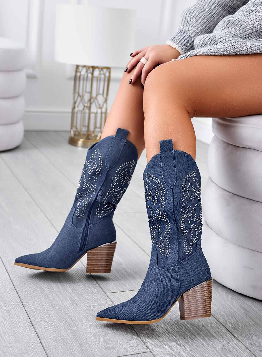 Stivali camperos blu jeans con strass