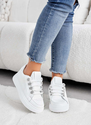 White sneakers with rhinestone inserts