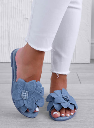MELODY - Blue denim slide sandals with applied flower