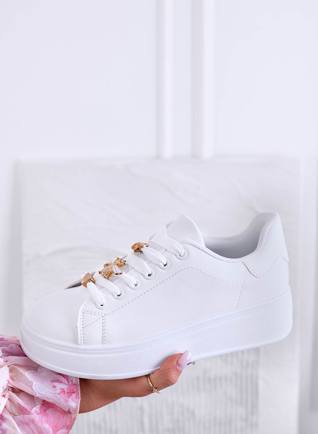White sneakers with jeweled bee