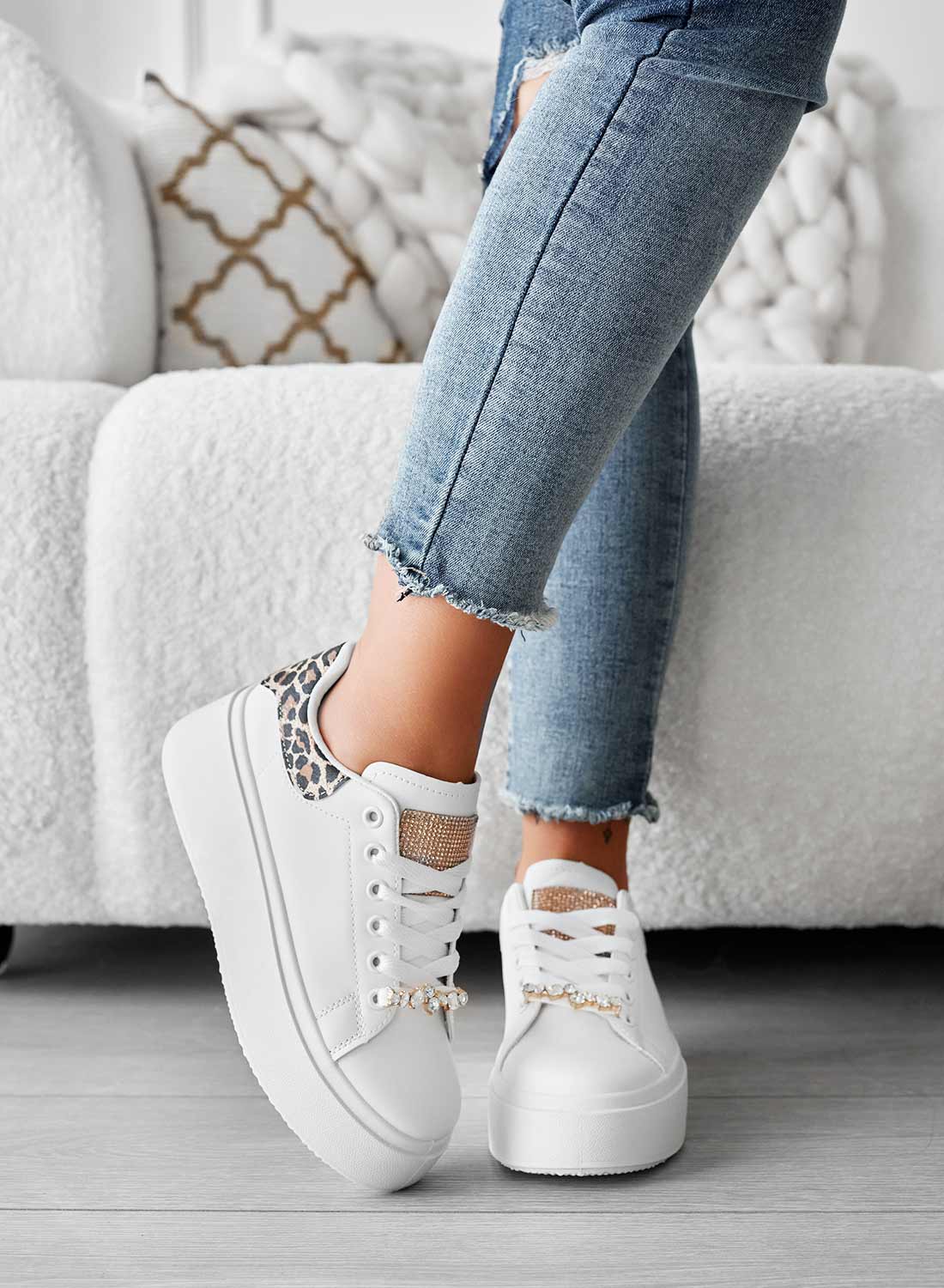 DELIA - White sneakers with jewel embellishment and leopard-print back
