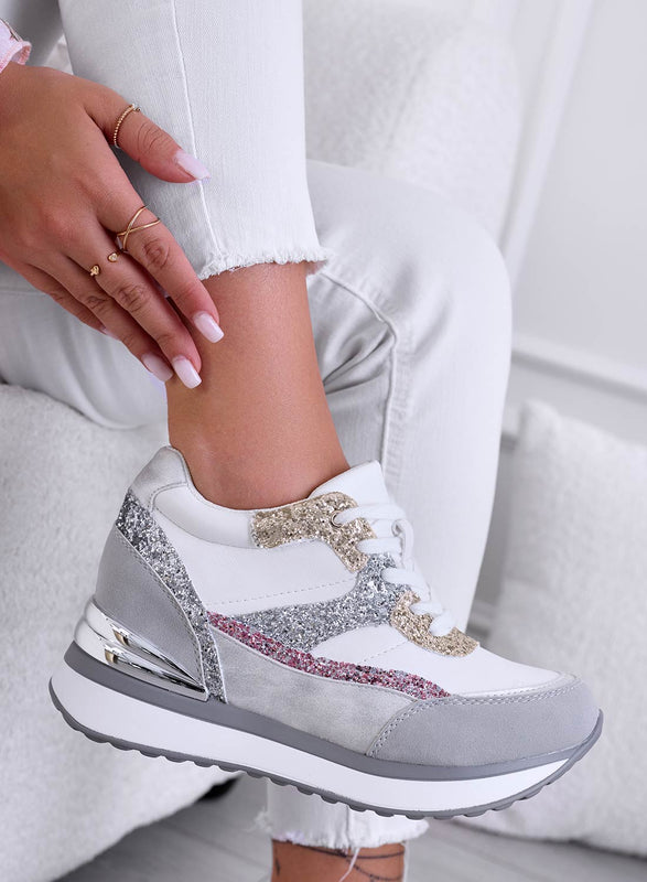 GENNY - Sneakers grigie con inserti glitter oro e fuxia