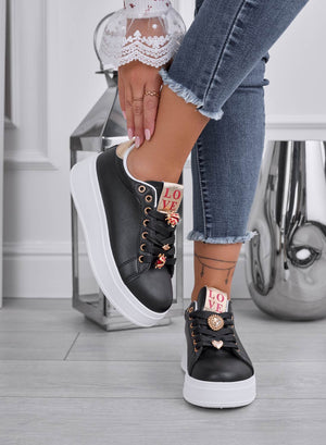 LIANA - Black sneakers with thick sole and jeweled ladybugs