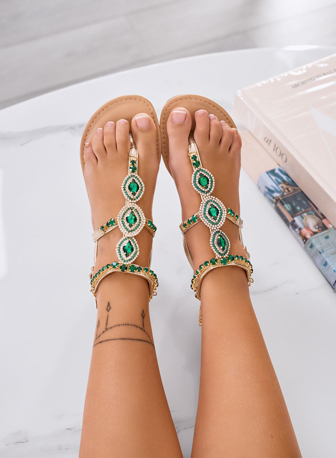 LIBRA - Green jeweled thong sandals by Alexoo