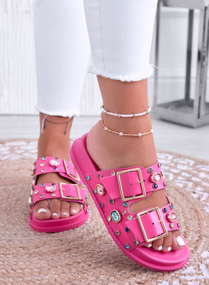 VIXIE - Fuchsia slide sandals with stones