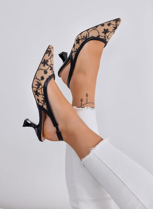 REMY - Beige pointed slingback pumps with black embroidery and low 7 cm heel