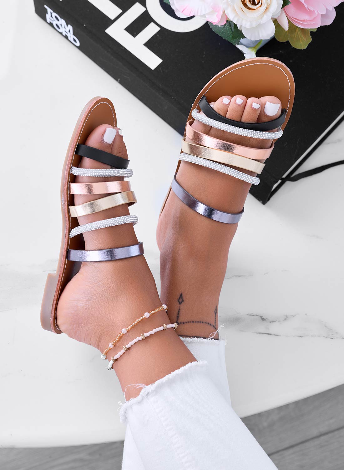 IDAA - Multicolored slide sandals with rhinestone straps