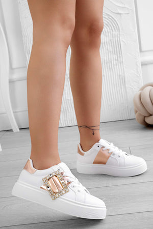 PLEASE - White jewel sneakers with contrasting rose gold band