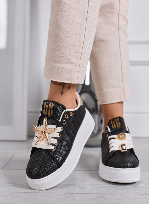 LINDA - Black Sneakers with Gold Jewel Embellishments and Platform Sole