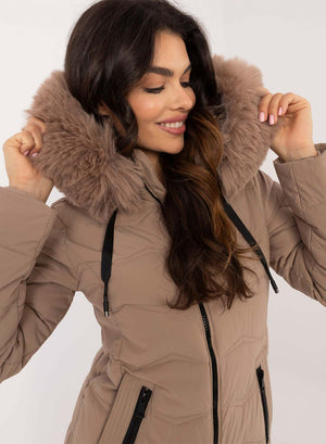 Short padded mud jacket with faux fur hood
