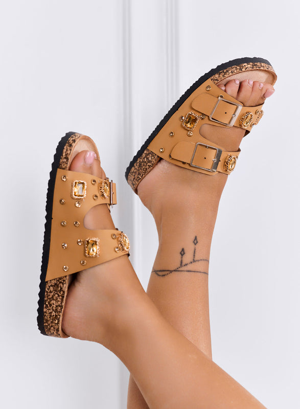 CINZIA - Sandales camel Mules à double boucle et pierres bijoux