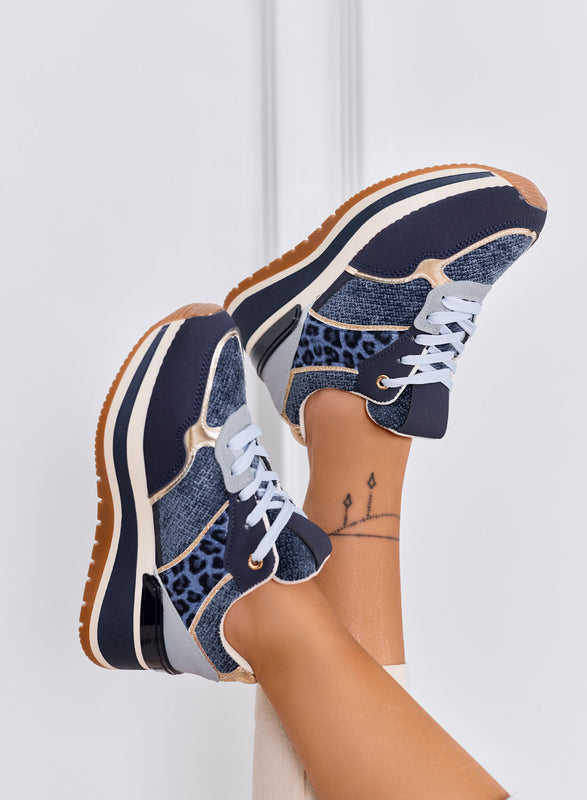 ATENE - Sneakers blu con dettagli animalier e suola alta