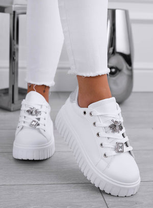 White sneakers with silver jeweled bee appliqué