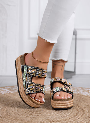 LOGAN - Black sandals Platform slides with colorful beads and rhinestones