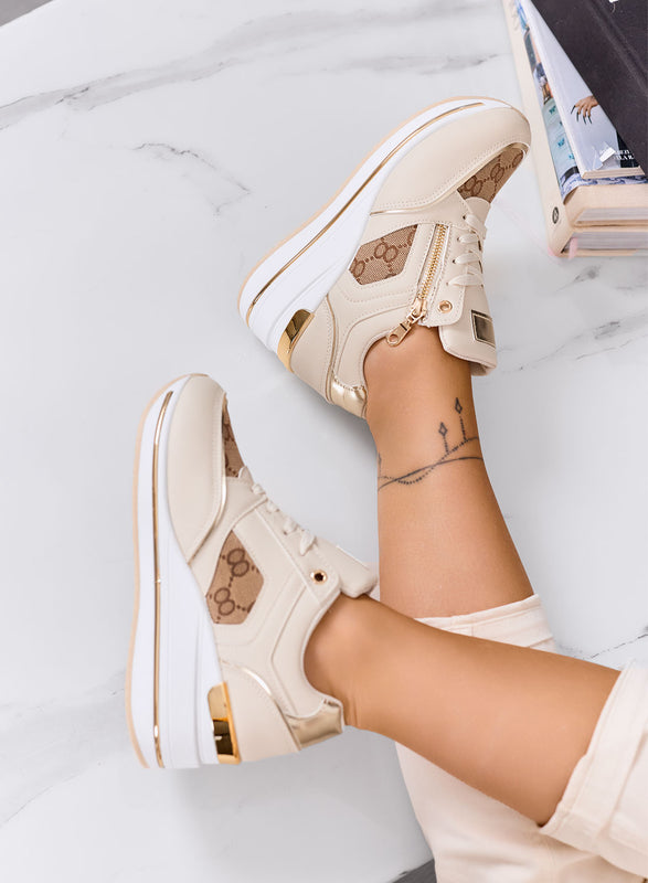 JERSEY - Zapatillas beige con cremallera dorada e inserciones monograma