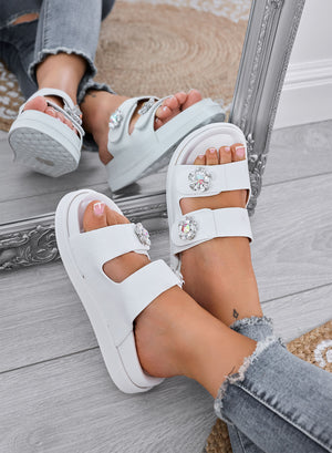 SAMMY - White sandals Slippers with double strap and jeweled flowers