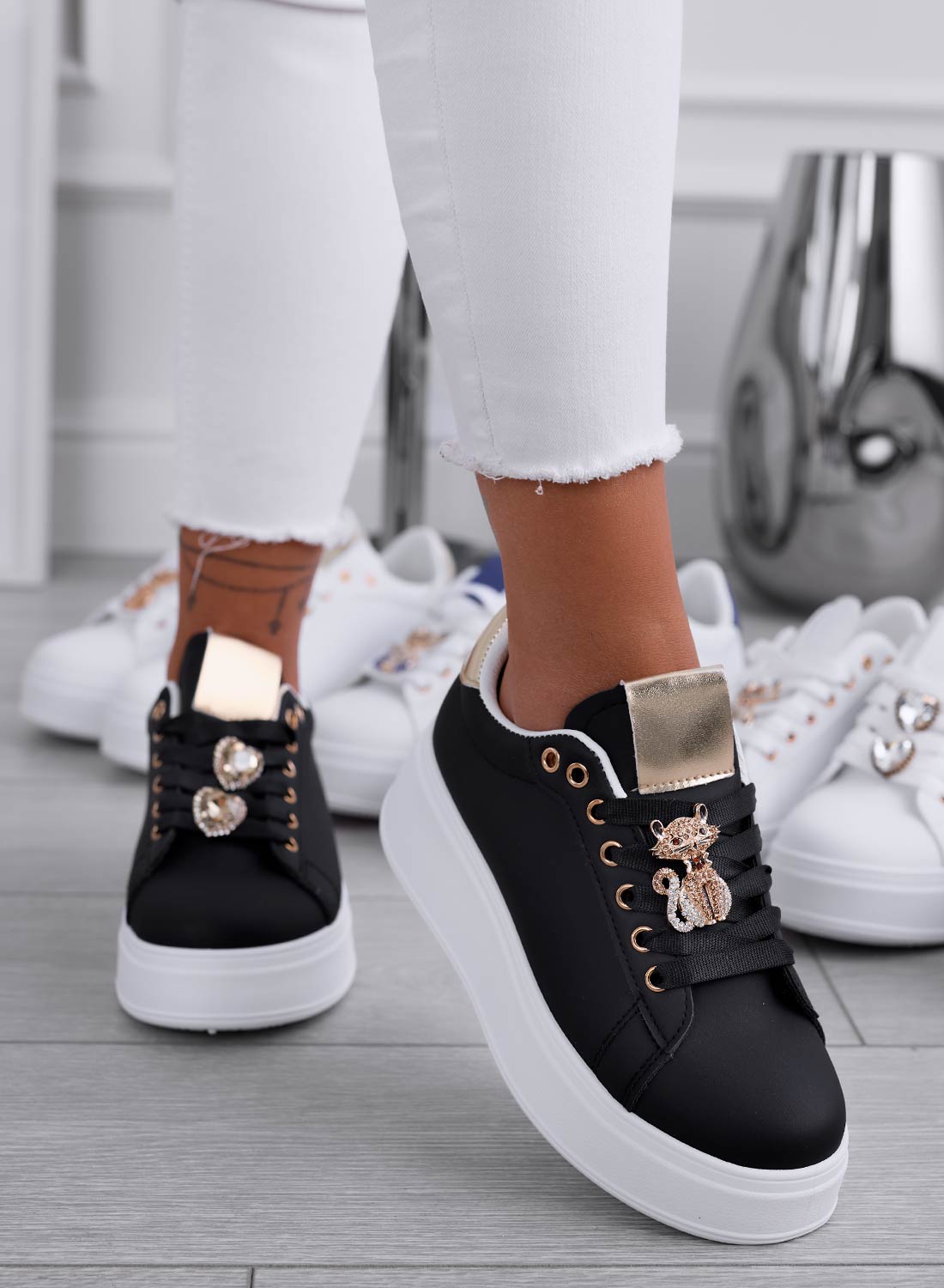 ENERGY - Black sneakers with jeweled cat and gold heel