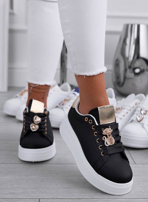 ENERGY - Black sneakers with jeweled cat and gold heel