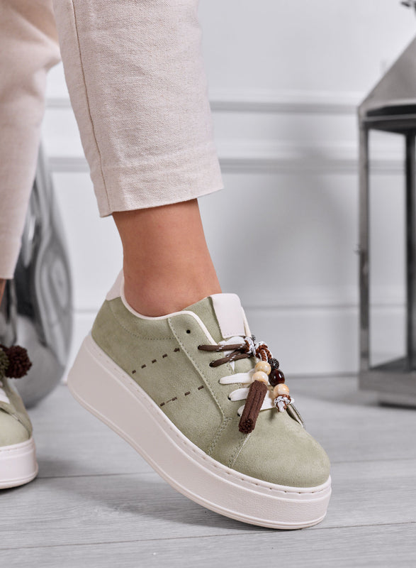 ANDREA - Sage Green Platform Sneakers with Applications