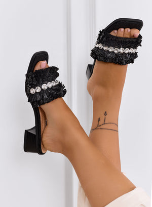 ROSITA - Black slide sandals with rhinestone strap and comfortable heel
