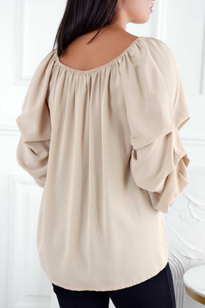 Beige blouse with ruched sleeves