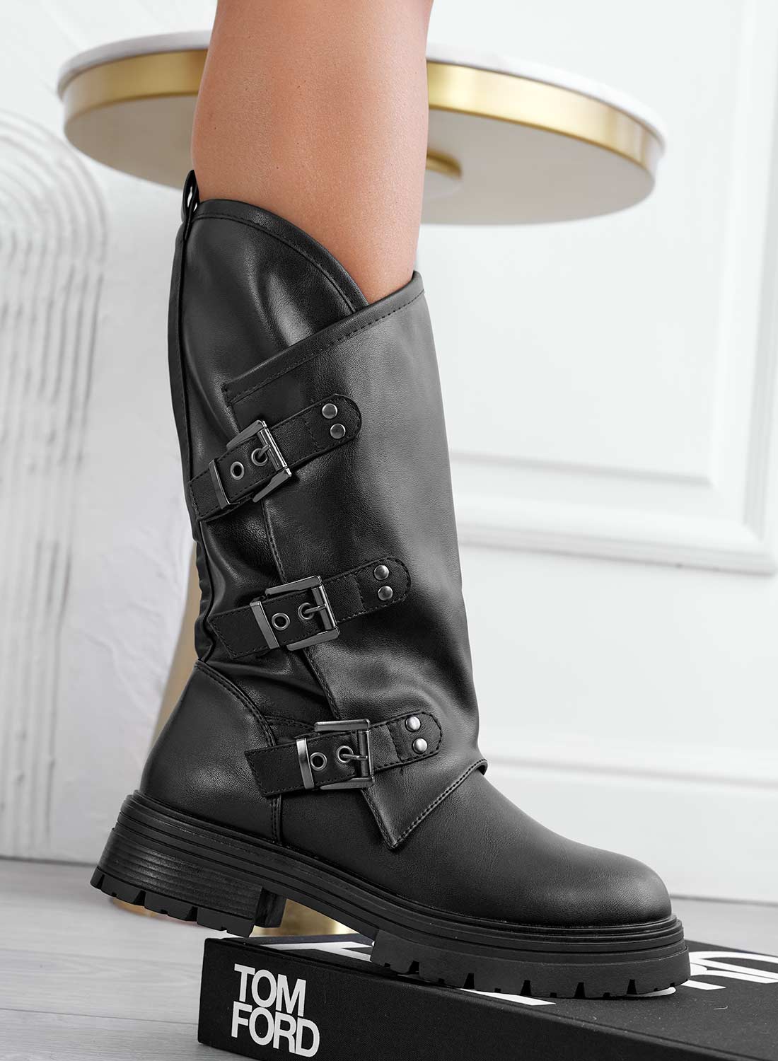 Black biker ankle boots with buckles