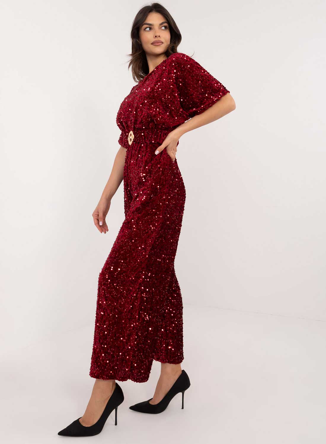Burgundy sequin jumpsuit with waist belt