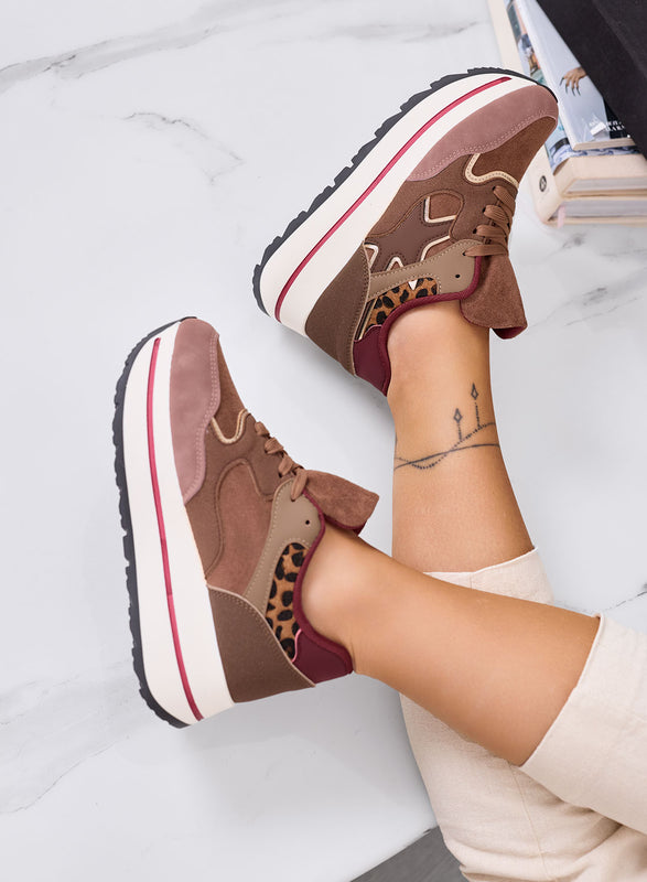 TORRES - Sneakers marroni con dettagli animalier e suola platform