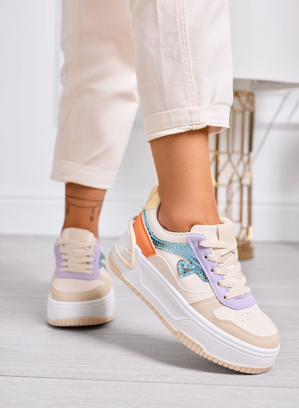 BRIGIDA - Sneakers beige con zeppa e dettagli metallizzati