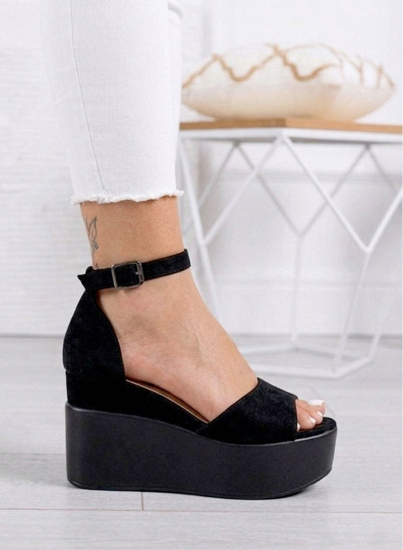 PENNY - Black suede platform sandals with ankle strap