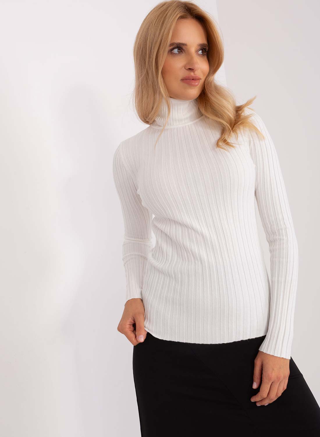 White ribbed turtleneck sweater