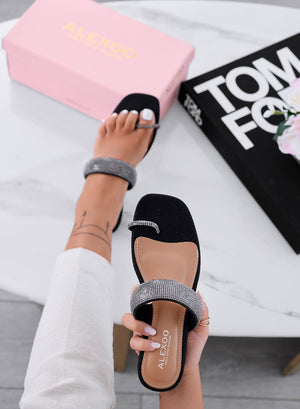 ROXANE - Black flat thong sandals by Alexoo with jeweled straps