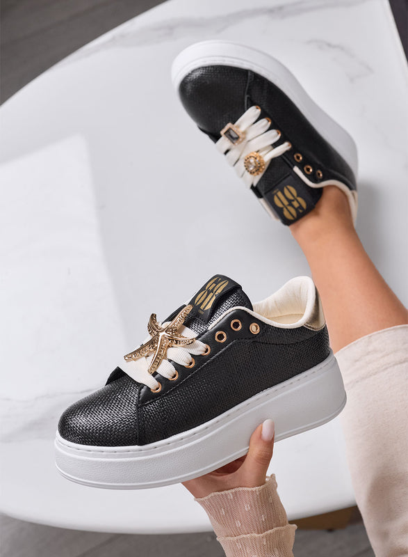 LINDA - Black Sneakers with Gold Jewel Embellishments and Platform Sole