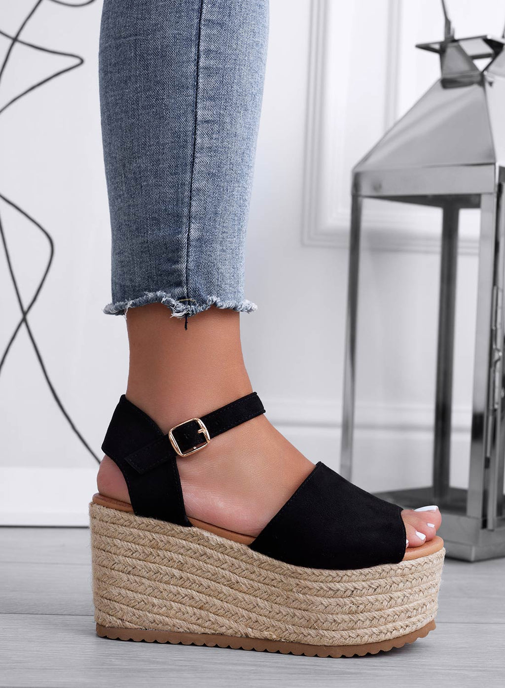ROXIE - Sandali espadrillas neri scamosciate con zeppa