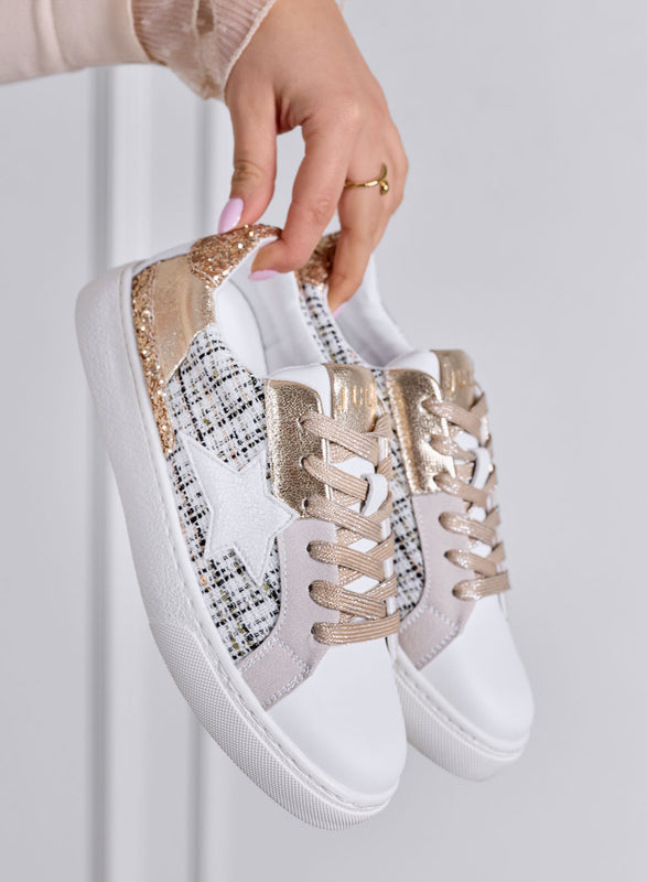 WAYS - White Sneakers with Gold Glitter Inserts and Tweed Details