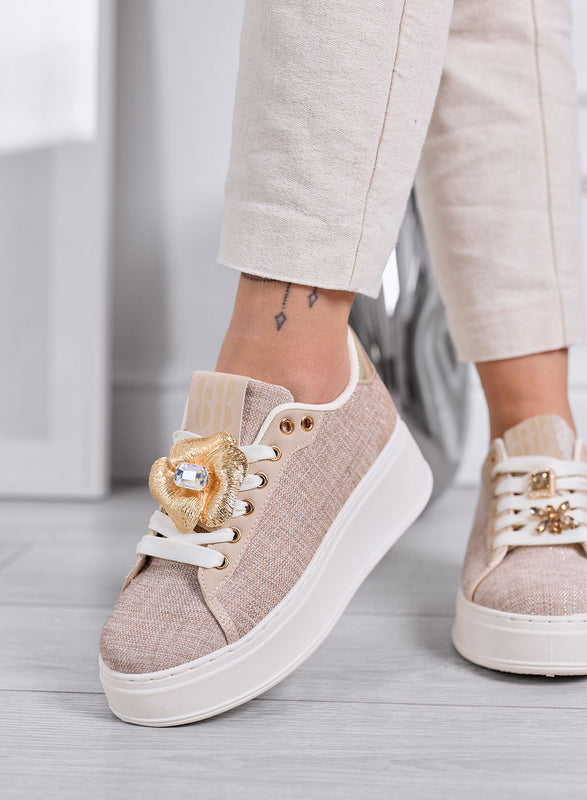 NORA - Beige Sneakers with Jewel Embellishments and Platform Sole