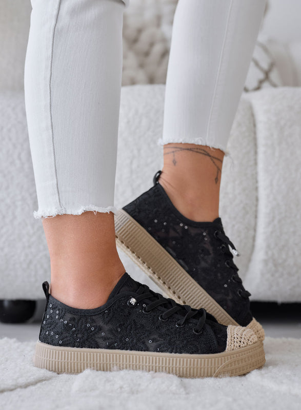 KISHA - Zapatillas negras de encaje con efecto transparente