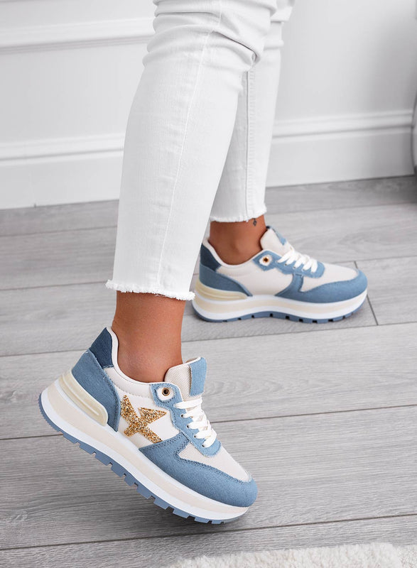 TYLER - Sneakers blu jeans con inserti glitter oro