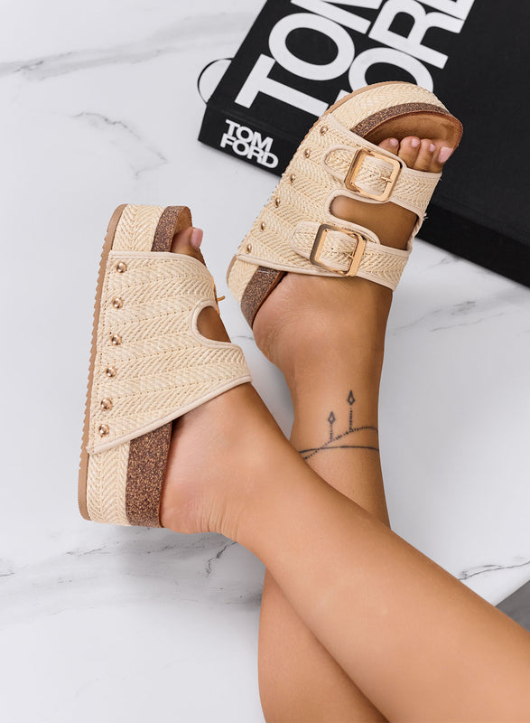 ZETA - Sandali Zeppe beige platform in corda intrecciata con doppia fibbia