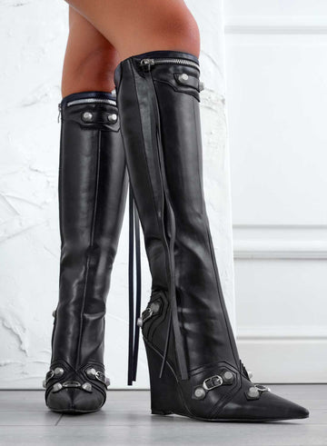 BEAUTY - Black biker boots with wedge