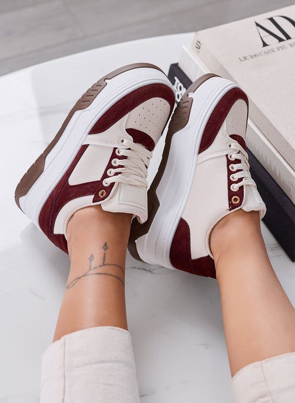 BONNIE - Sneakers Donna Bordeaux e Beige con Suola Platform