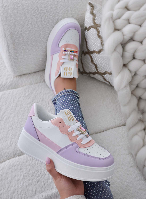 PETRA - Sneakers bianche con inserti lilla e  applicazioni gioiello