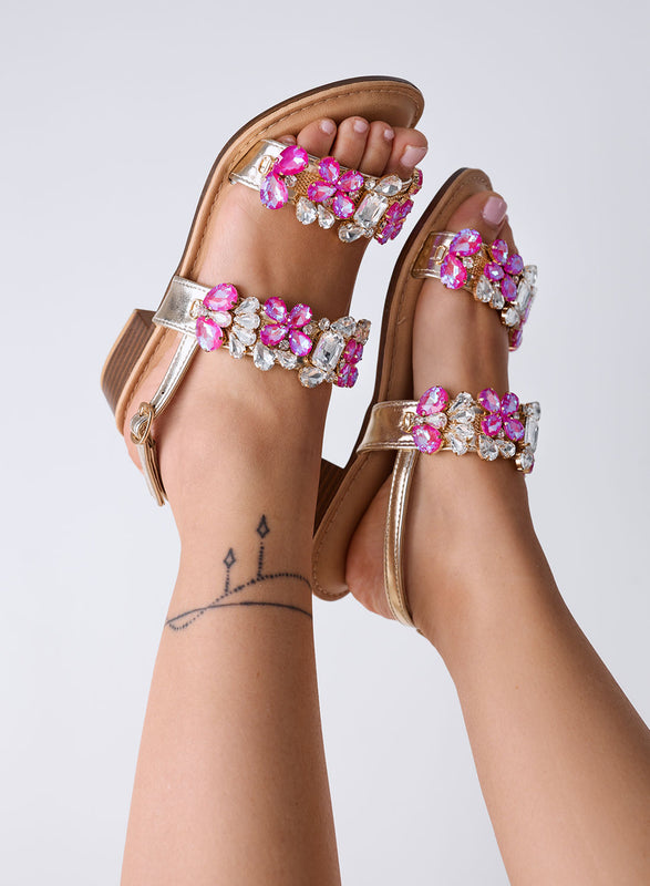 DIAMOND - Sandali fuxia Bassi con Pietre Gioiello e Cinturino